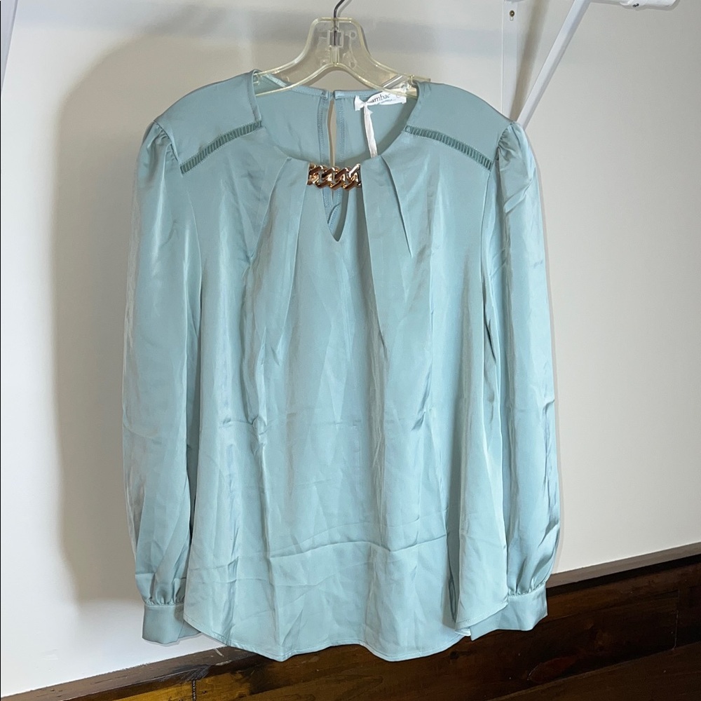 NWT Amazon Jasambac Satin‎ Long Sleeve Blouse with Gold Chain Detail- XL